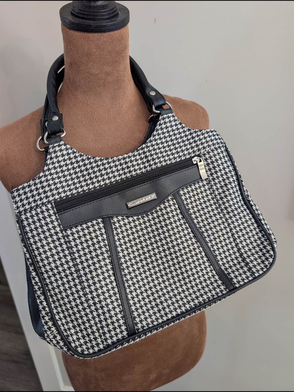 Black & White Houndstooth Shoulder Bag with Black Trim